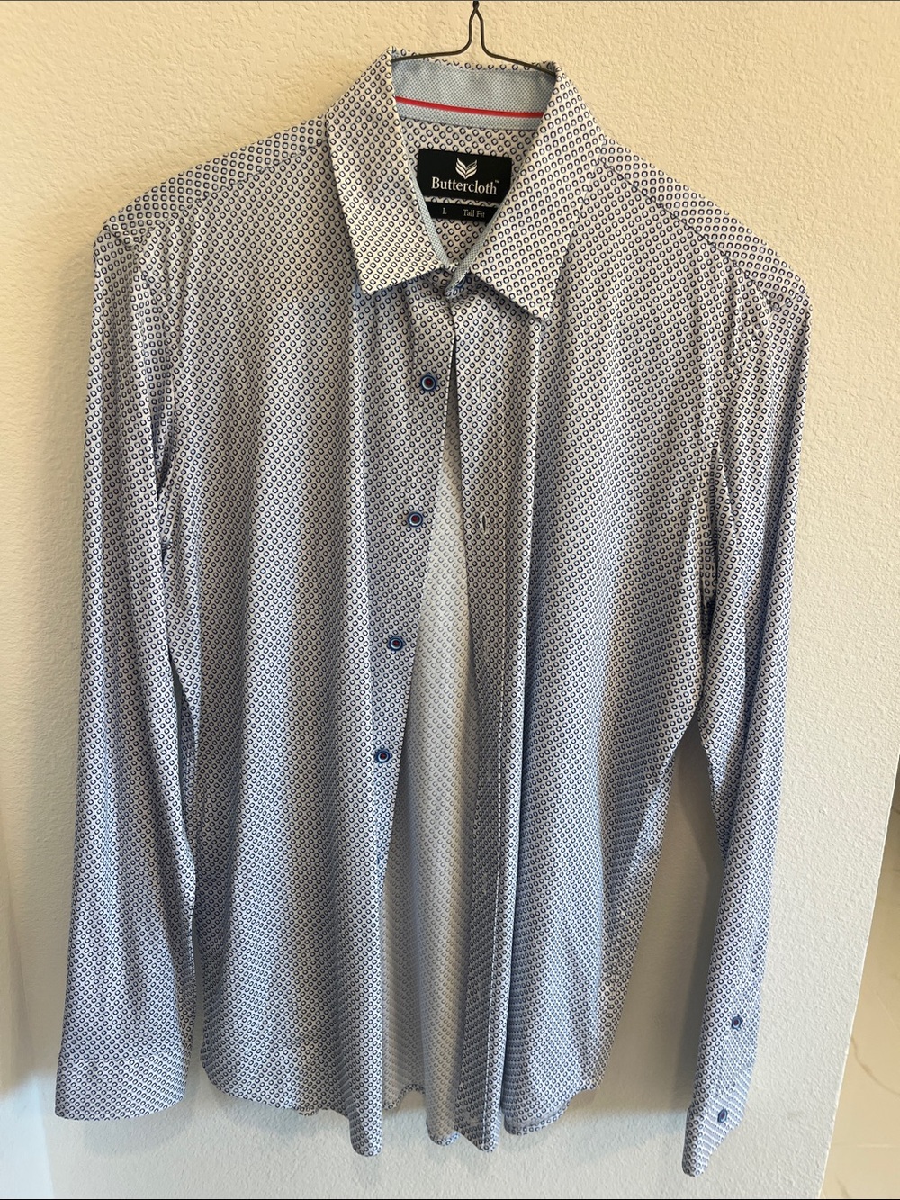 Buttercloth white and blue geometric long sleeve dress shirt